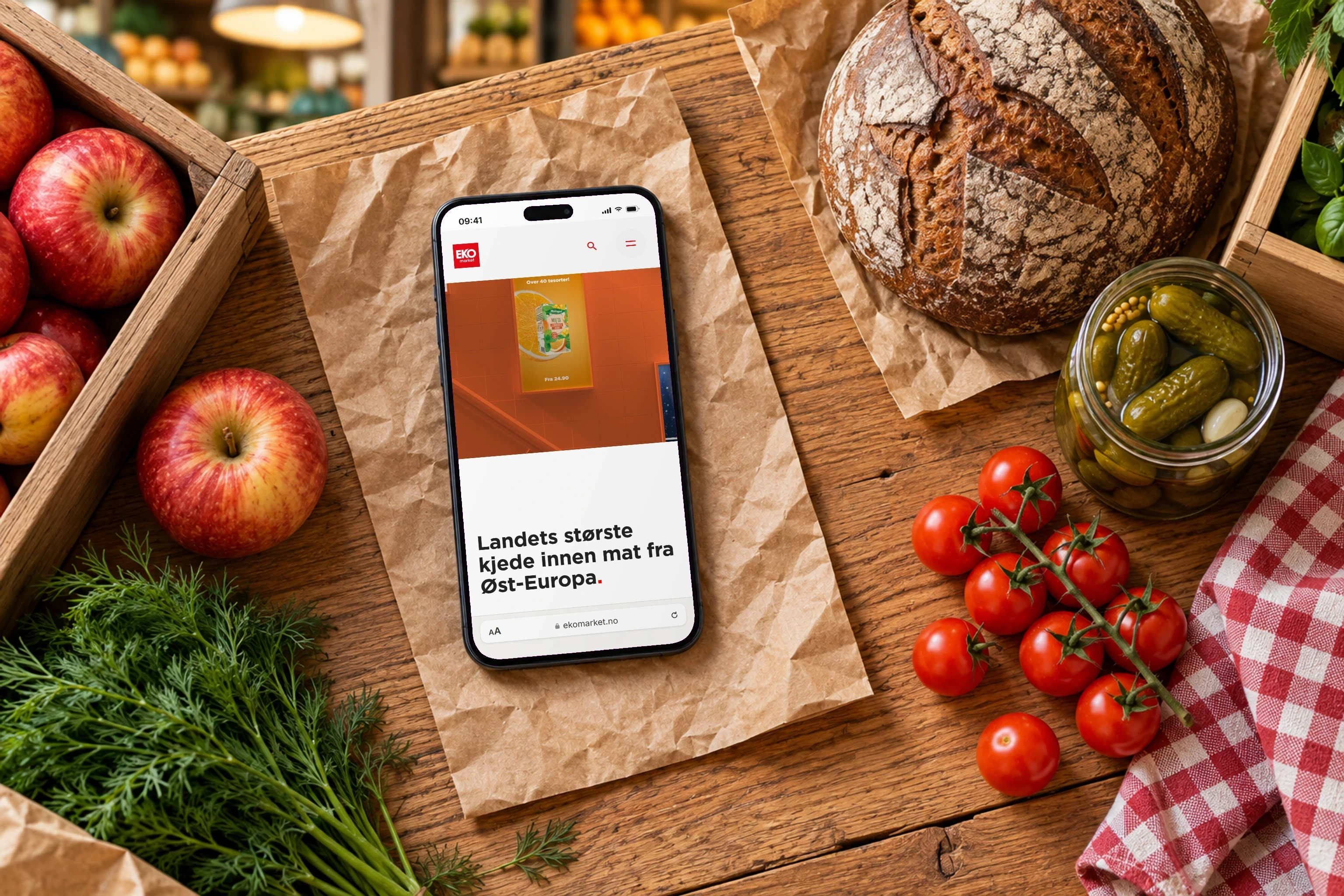 The front page on mobile, among fresh groceries
