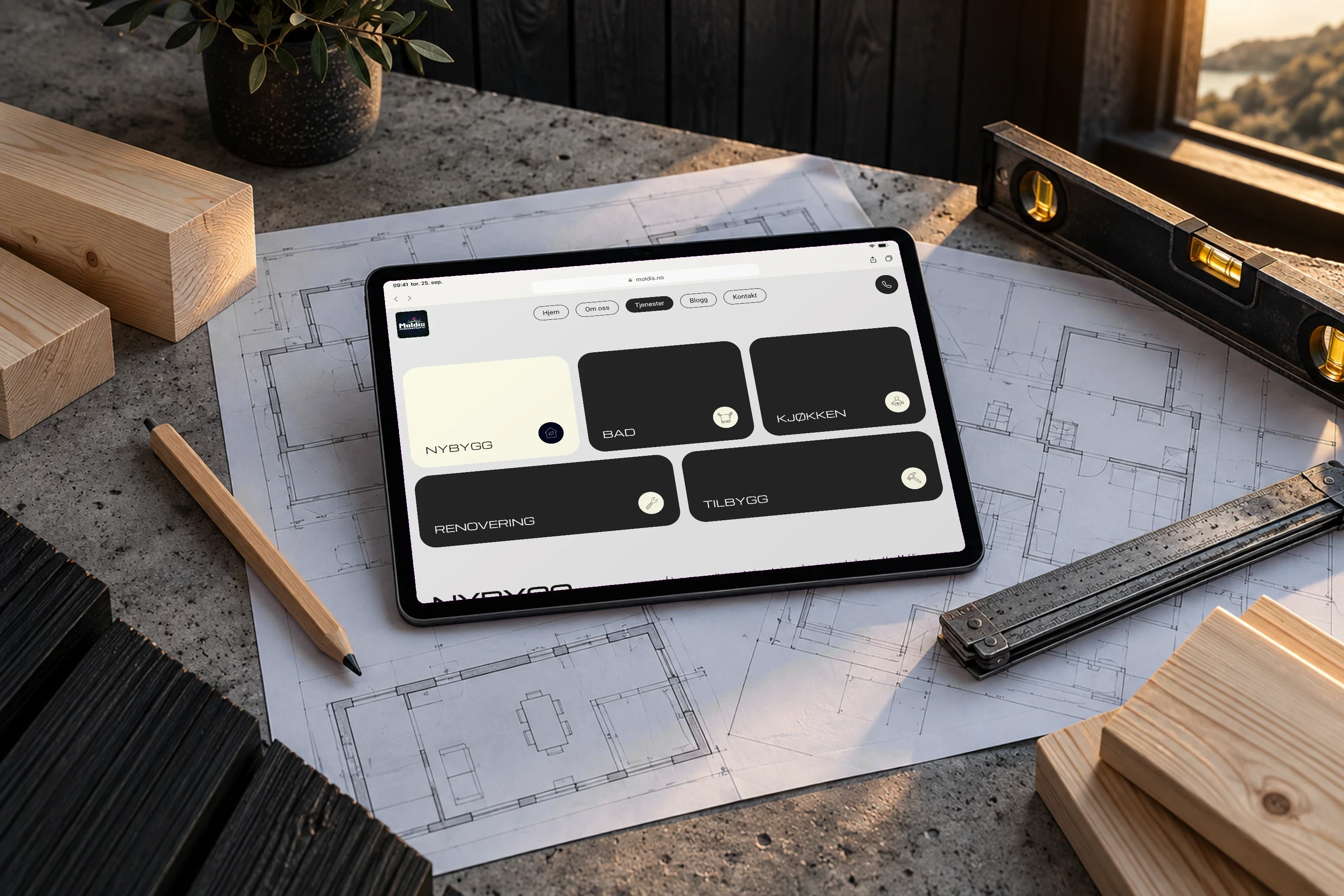 The services — new builds, bathrooms, kitchens, renovation and extensions — on a tablet
