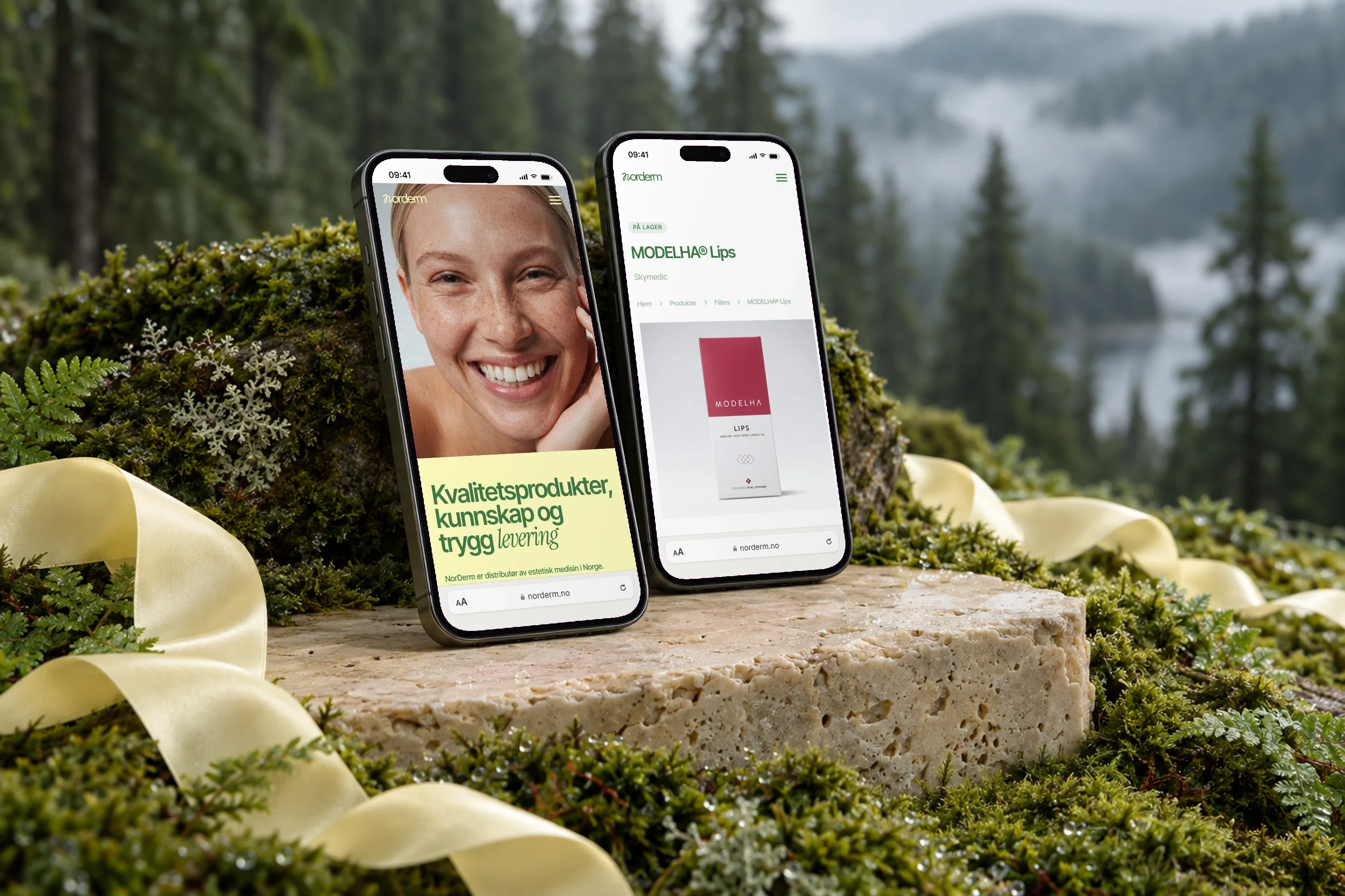 Forsiden og en produktside på to mobiler